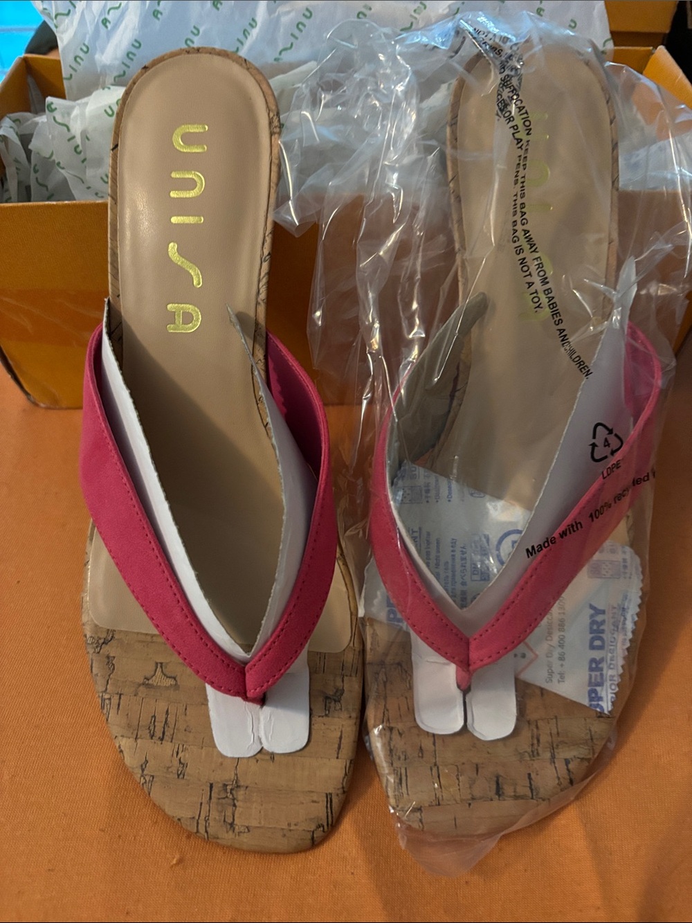 Unisa Pink Cork-Effect Thong Sandals with White Toe Accent